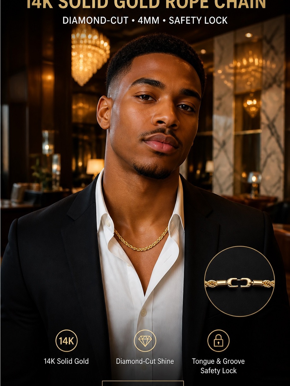 14K Solid Gold Rope Chain Necklace - Classic Men’s Style